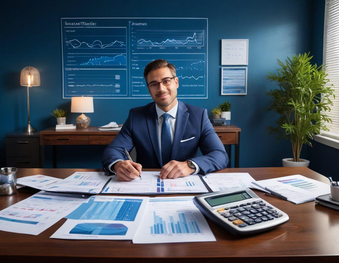 A confident financial advisor sitting at a modern desk, surrounded by charts showcasing low-interest rates, paperwork, and a calculator displaying the word 'Savings'. In the background, a calming blue wall with inspirational quotes about financial freedom. Soft lighting to enhance the professional yet relatable atmosphere. super-realistic. vibrant colors.