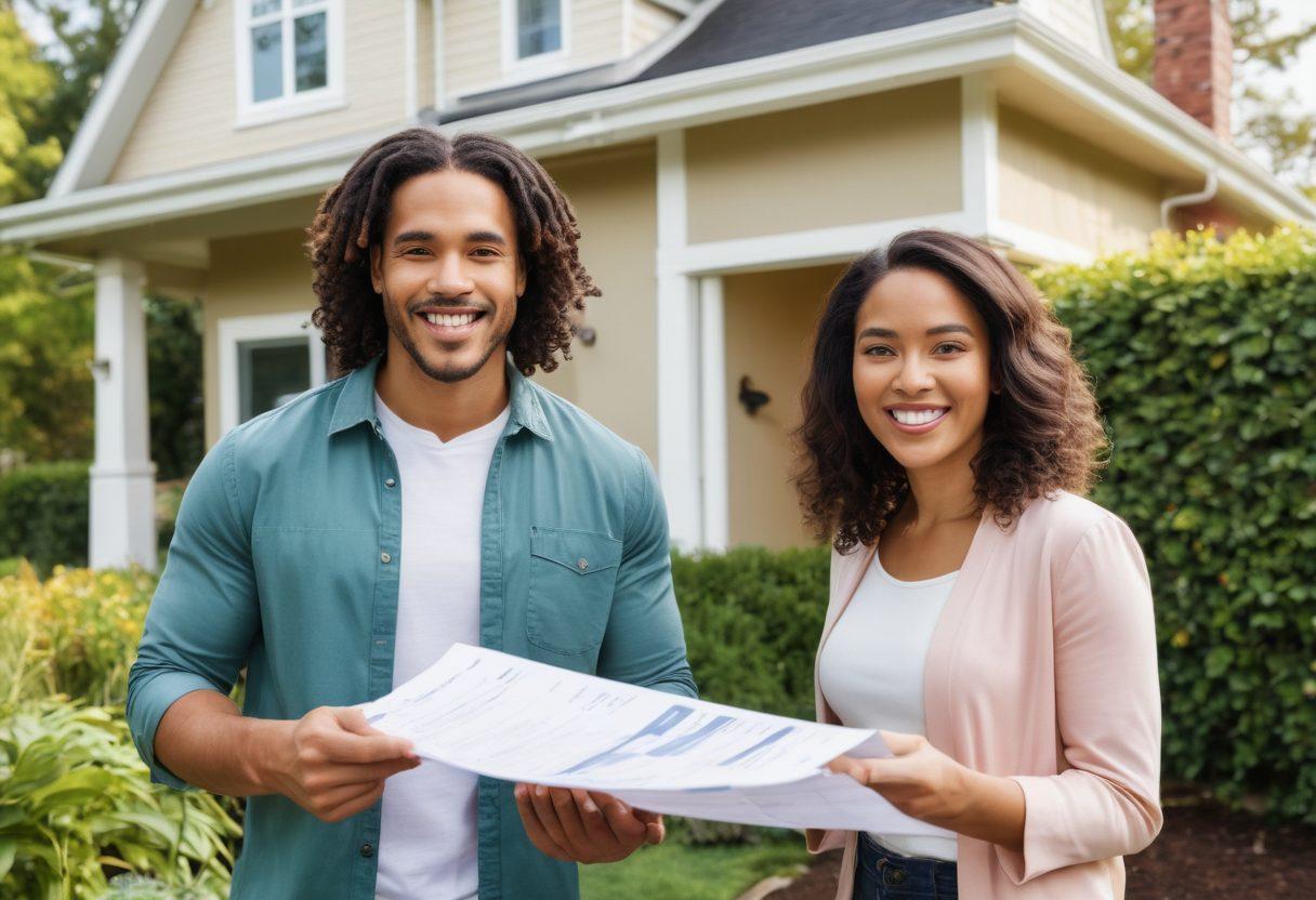 A cheerful couple standing in front of their new home, holding a large key symbolizing financial freedom. Surround them with elements representing affordable financing—calculator, budget sheets, and friendly mortgage advisor in the background. The setting is sunny and inviting, with a lush garden to represent growth and opportunity. Highlight diverse ethnicities to showcase inclusivity. super-realistic. vibrant colors. sunny background.